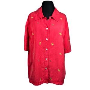 Amy K Su Embroidered Button Up Shirt Tropical Pineapples Hula Girls Red Size 2X
